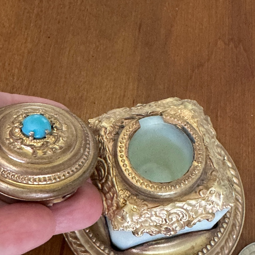 Antique French Opaline Glass And Brass Inkwell w/Jeweled Top - Picture 10 of 10